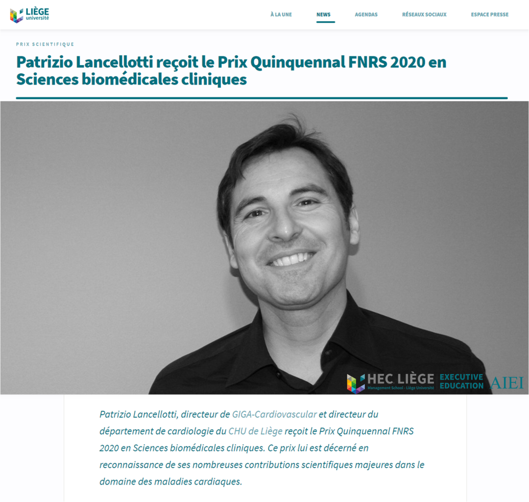 列日大学 Patrizio Lancellotti教授荣获2020年五年一度的FNRS临床生物医学奖