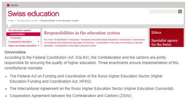 瑞士高等教育 | 瑞士联邦政府调控、监管体系一览
